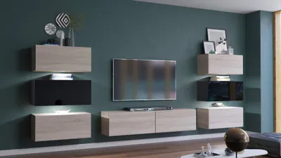 Produktbild von Furnitech Wohnwand Wohnzimmer - Wohnzimmer Möbel mit LED Weiß - Hängend Wohnwand Modern - Wohnzimmer Schrankwand mit Regale und TV Schrank (Henri AN72-19SB-HGM10-1B - 316cm)