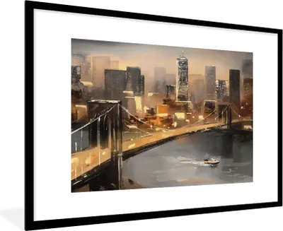 Produktbild von MuchoWow® Gerahmtes Poster Gemälde - Öl - Skyline - Stadt - Wasser 90x60 cm - Poster mit Schwarzem Bilderrahmen Wandposter Rahmen Foto Bilder - Wanddekoration - Fotos