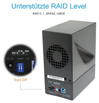 Produktbild von ICY BOX IB-RD3621U3, RAID-System für 2x 3,5" SATA III HDD zu USB 3.2 Gen 1 Host, RAID 0, 1, Large, Single, schwarz, HDD / SSD-Gehäuse, 3.5", SATA, Serial ATA II, Serial ATA III, 5 Gbit/s, Hot-Swap, Schwarz