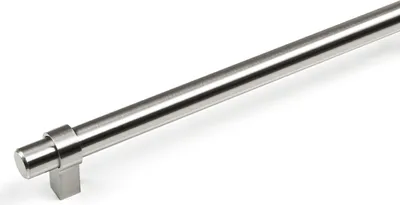 A close-up, angled view of a brushed metal cabinet handle against a white background.