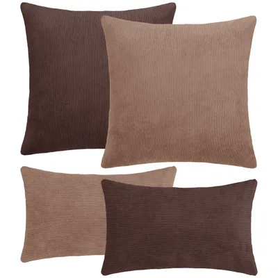 Produktbild von Selfitex 4er Set Cord Kissen inkl. Füllkissen, weich und dekorativ, Couchkissen mit Cord Optik, Größe: 2x 50x50 + 2x 30x50, Farbe: Hell-/Dunkelbraun