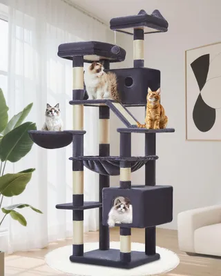 Imagen del producto de Árbol para gatos de 180 cm de altura, con 8 postes rascadores, 2 plataformas, 2 cuevas, una hamaca, una cesta