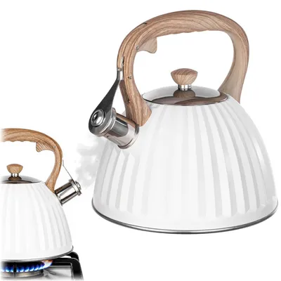 Imagen del producto de KADAX, hervidor de agua de 2,8 litros de acero inoxidable, tetera con silbato, tapa removible y asa resistente al calor con diseño de madera, apto para todo tipo de cocinas (blanco), Imagen generada por IA