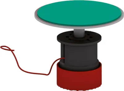 A 3D rendering of a height adjustment mechanism with a green disc on top.
