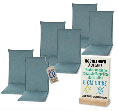 Produktbild von Pillows24 - 6x Hochlehner Auflagen 120x50x8 cm | Bequeme & Wetterfeste Gartenstuhlauflagen | Polster Sitzkissen für Gartenmöbel |  EU | Türkis