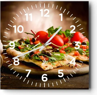 Produktbild von Wanduhr - Quadrat - Glasuhr - Pizza Vegetarier Italien Essen - 30x30cm - Schleichendes Uhrwerk - Lautlos - zum Aufhängen bereit - Dekoration Modern - Wanddekoration aus Glas - C4AC30x30-2540