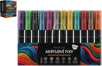Obrázek produktu pro Fixy akrylové metalické 12ks i na keramiku,sklo,kameny, hrot 4mm v blistru 18,5x12cm