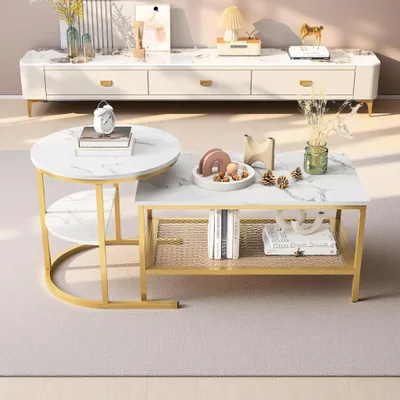 Immagine prodotto di UnboxG Tavolini, 2 pezzi, tavolino, marmo, rettangolare, per soggiorno, ufficio, casa, caffè, hotêl con gambe in metallo, 80 x 46 x 41 cm + 52 x 52 x 51 cm (Oro )