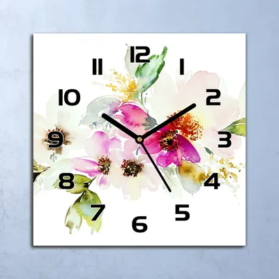 Produktbild von Wanduhr Echt-Glas-Küchenuhr Aquarell Blumen Quarz Lautlos 30x30 Deko Bilder