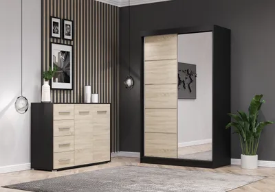 Produktbild von 2er-Set Schwebetürenschrank Schrank Kleiderschrank mit Spiegel Schwarz/Sonoma Eiche 120cm Neomi 05 mit Kommode 135cm FRIDA 01