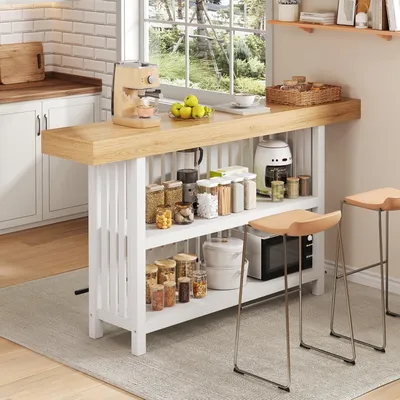 Produktbild von Flieks Stehtisch Bistrotisch mit 2-stufigem Regal, Rechteckiger Bartisch Esstisch mit Fußstütze, Kücheninsel Esszimmertisch 160x40x105cm, Weiß