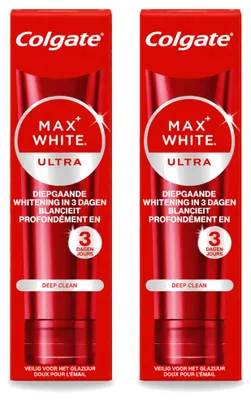 Imagen del producto de 2 tubos de pasta dental Colgate Max White Ultra Deep Clean, blanqueadora, de 75 ml. Paquete económico. 2 unidades