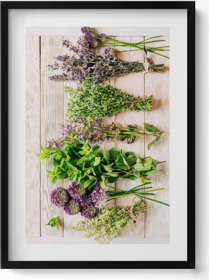 Produktbild von Pflanzen und Kräuter auf Brettern– Wandbild mit Rahmen – Gerahmtes Bild  – Wanddekoration – 50x70 cm –  Schwarz Rahmen