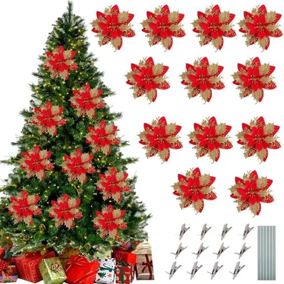 Productafbeelding van 12 Stuks Glitterende Kunstbloemen voor Kerstdecoratie