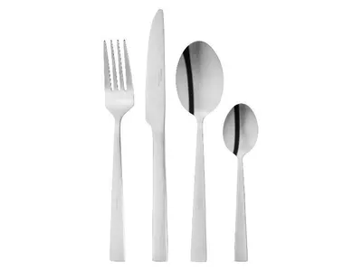 A set of four stainless steel cutlery pieces arranged vertically against a white background.