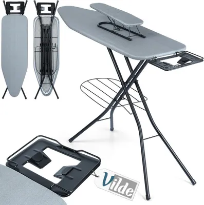 A product image displaying an ironing board in an open, ready-to-use state, along with folded and detail views.
