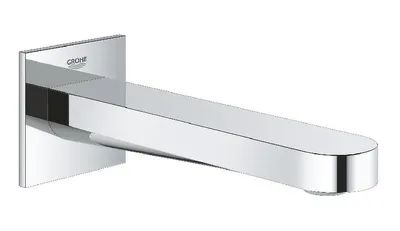 A chrome faucet spout mounted on a wall.