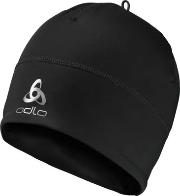 Schwarze Odlo Polyknit Warm Mütze mit silbernem Logo und Nahtverlauf