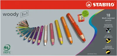 Produktbild von Buntstift, Wasserfarbe & Wachsmalkreide - STABILO woody 3 in 1 - 18er Pack mit Spitzer - mit 18 verschiedenen Farben