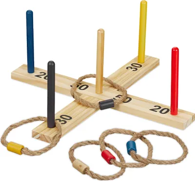 Produktbild von Relaxdays Ringwurfspiel, Holzwurfspiel für Kinder & Erwachsene, Ringe werfen, drinnen & draußen, Gartenspiel, mehrfarbig