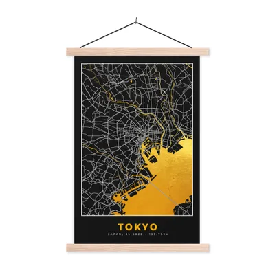 Produktbild von MuchoWow® Textilposter Tokio - Stadtplan - Gold - Karte 120x180 cm mit holzfarbenen Rahmen - Textil-Plakat