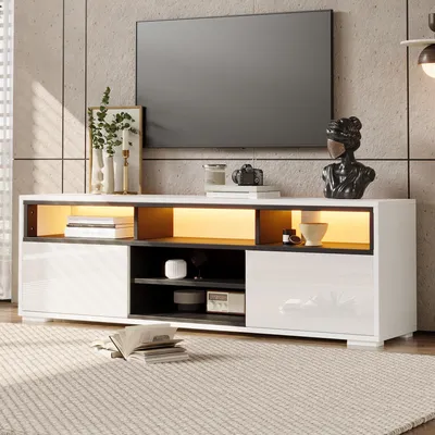 Obrázek produktu pro MODFU TV stolek bílý, lesklý TV stolek s LED osvětlením, TV skříňka se 2 dvířky a 8 úložnými přihrádkami, dřevotříska, TV nábytek s úložným prostorem do obývacího pokoje