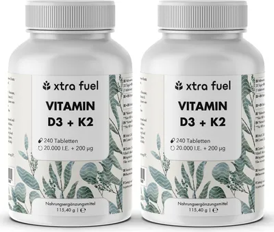 Produktbild von Vitamin D3 + K2 Tabletten - 20.000 I.E. + 200mcg - 100% rein & hochdosiert – 2x Dosen (480x D3+K2 Tabletten)