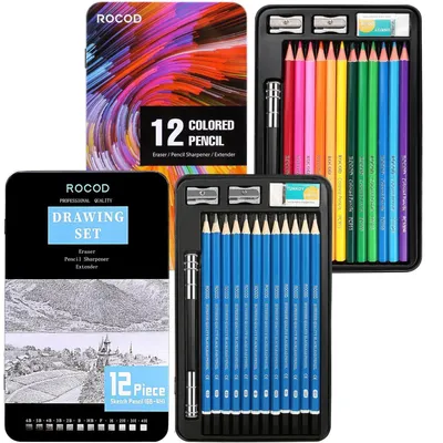 Image de Set de crayons de croquis et de crayons de couleur pour enfants et adultes, 1 boîte