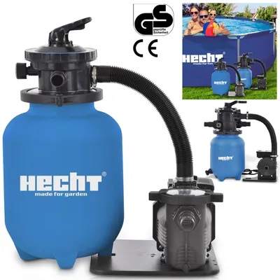A collage of images showing a sand filter system for a swimming pool, including a close-up of the main unit and a lifestyle shot of people enjoying a pool with the product in the background.