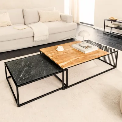 Produktbild von riess-ambiente 2er Set Couchtische ARCHITECTURE 90cm natur – Akazienholz, Steinfurnier, Metall schwarz