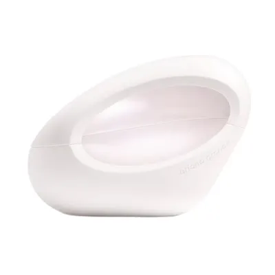 A white perfume bottle with a unique, curved shape.