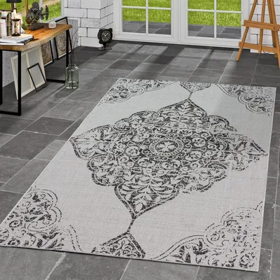 Produktbild von TT Home Innen & Außenteppich Flachflor Teppich Vintage Optik Style Barockdesign In Grau Größe 60x100 cm