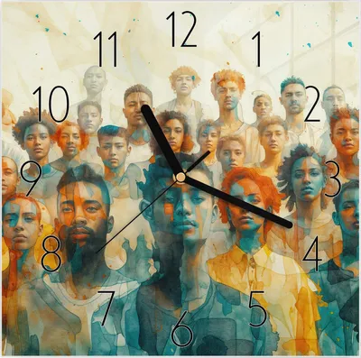 Produktbild von Wanduhr aus Glas mit Motiv Gesichtervielfalt- 30 x 30 cm - inkl. Aufhängesystem