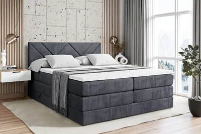 Produktbild von ALTDECOR Boxspringbett mit 2 Matratzen und Topper - 160x200 cm - BARWA KING - Dunkelgrau Samt - Polsterbett mit, H3- und H4- Matratzen, Bettkasten und Lattenrost, Bett mit Stauraum