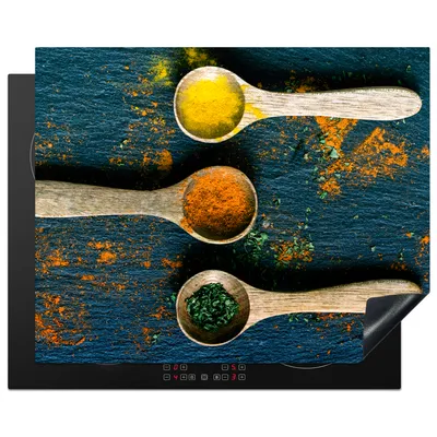 Produktbild von KitchenYeah© Herdabdeckplatte Gewürze - Löffel - Kräuter - Braun - Gelb - Grün , 65x52cm, Küche Deko, Glaskeramikkochfeld Herdabdeckung, Abdeckplatte fùr Kochfeld
