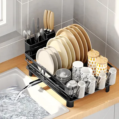 Produktbild von Geschirrständer mit Abtropfschale - Metall Küchenregal für Teller und Besteck