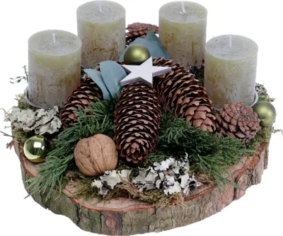 Produktbild von Adventsgesteck Birkenscheibe mit 4 Rustik-Kerzen olive CreaFlor Home