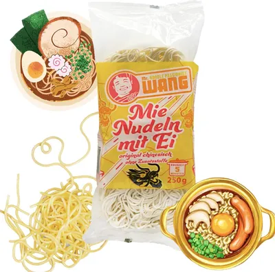 Produktbild von Mr. WANG 250g Chinesische Mie Nudeln mit Ei - schonend vorgedämpft - Schnellkochnudeln - Idea für gebratene Nudeln oder Suppen - Vegetarisch