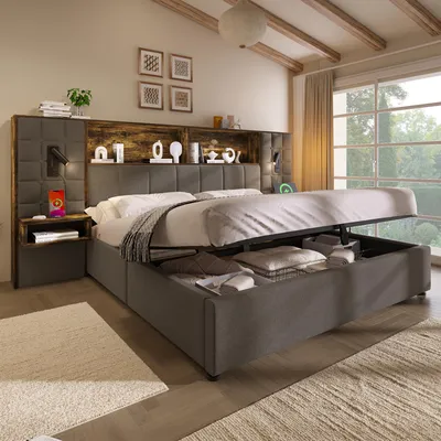 Image de Lit avec coffre de rangement 180x200, structure de lit gris, éclairage LED et 2 lampes de lecture, 2 tables de chevet intégrées, port de charge USB Type-C, tissu en lin, sommier à lattes inclus