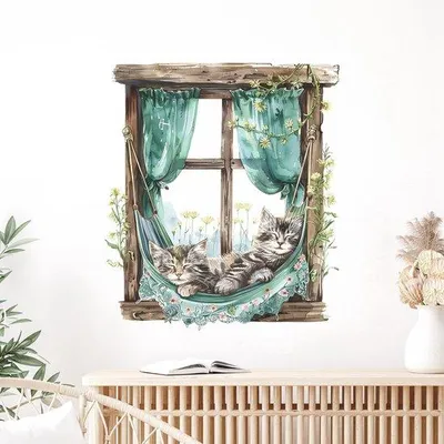 Imagen del producto de Unyqoos®: Vinilos autoadhesivos para pared – Gatos en hamacas con ventanillas decorativas, ideales para decorar salones, dormitorios y habitaciones infantiles, y se retiran sin dejar residuos