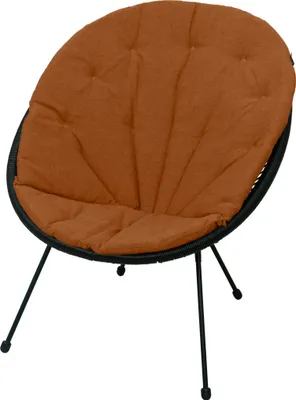 A close-up studio shot of a round, orange cushion on a black woven chair with black metal legs.