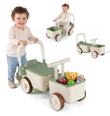 Productafbeelding van COSTWAY 3-in-1 kinderwagen met wielen, duw- en loopfiets met opbergruimte, inklapbare handgreep, voetsteun en trekkoord, duwwagen, loopfiets (3-6 jaar)