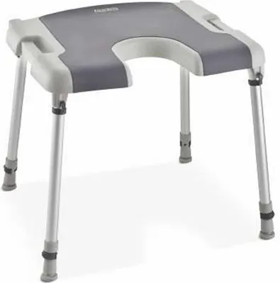 A shower stool with an adjustable height and a U-shaped cutout.