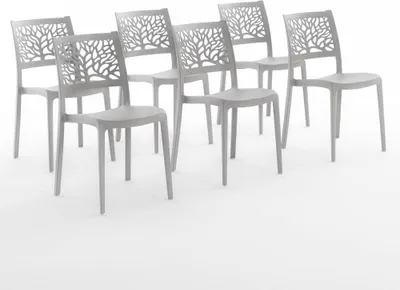 Produktbild von 6er-Set stapelbare Stühle aus Polypropylen mit Glasfasern für Außenbereich und Garten, Bar und Restaurant, Küche modernes Design - FLORA - Hellgrau