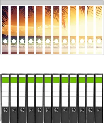 Produktbild von Wallario 12 Stück schmale Ordner inkl. Klebeetiketten mit Motive Sonnenuntergang am Strand in der Karibik -  Set mit Rückenschildern / Ordnerrücken Stickern
