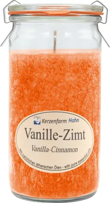Produktbild von Duftkerze im XL-Weckglas®, 100% pflanzliches Stearin, Vanille-Zimt, KERZENFARM HAHN, mit reinen ätherischen Ölen, Brenndauer ca. 40h