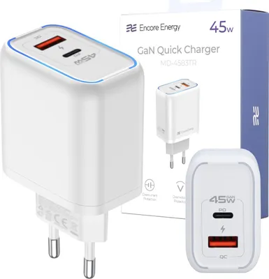 Produktbild von Netzladegerät 45W PD 3.0 Quick Charge 4.0 USB-A USB-C Adapter Encore Energy MD-4583TR