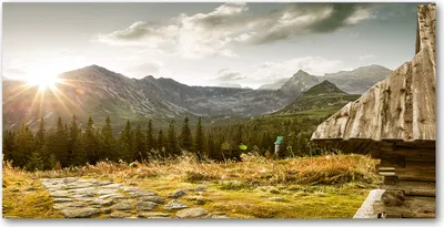 Produktbild von Tulup® Glas-Bild - 100x50 -Wandkunst - Wandbild hinter gehärtetem Sicherheitsglas  - Landschaften - Haus in den Bergen - Mehrfarbig
