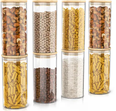 Immagine prodotto di Arendo barattoli per la conservazione, set di barattoli in vetro 8x 1,5 litri in vetro borosilicato con coperchio in bambù, ermetici, set di 8, resistenti al calore, ecologici, durevoli, adatti al microonde