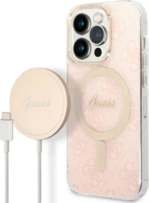 Produktbild von Guess GUBPP14XH4EACSP Hülle + Ladegerät Set iPhone 14 Pro Max 6,7" rosa/rosa Hartschale 4G Print MagSafe Schutzhülle